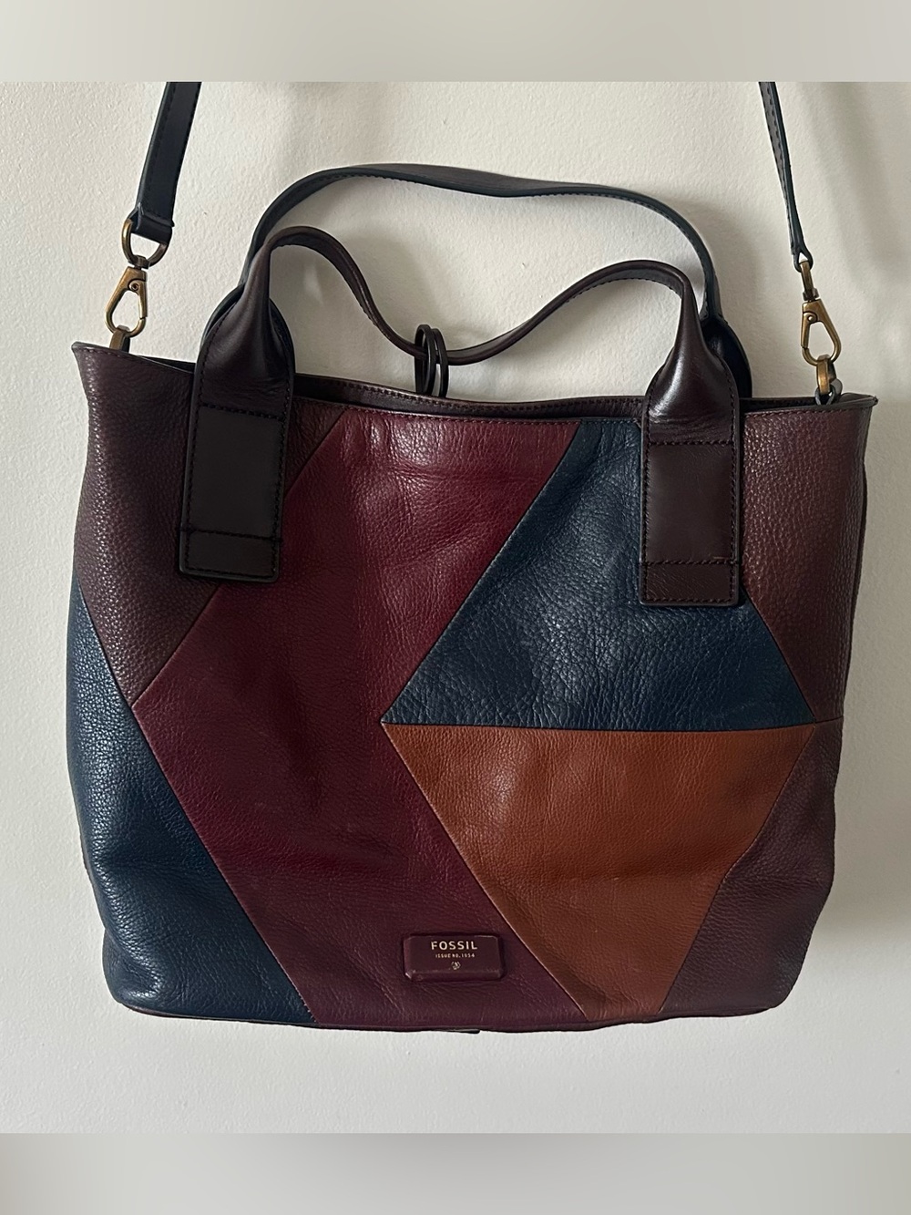 Fossil Patchwork Leather Tote — Burgundy, Navy & Brown